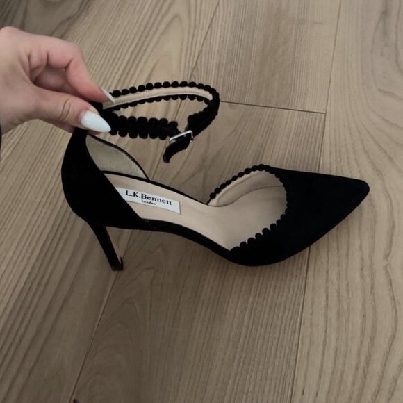 L.K. Bennett Black Suede Pump Pom Pom Trim Ankle Strap - Picture 2 of 7